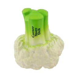 A cauliflower-shaped stress reliever in white and green, featuring an attached logo on the top.