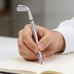 A silver golf pen shaped like a golf club, held in a hand, writes on a lined notebook.