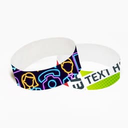 Two 25mm width disposable Tyvek wristbands featuring bright colours and a design with icons and logos.