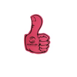 A pink foam mitt shaped like a thumbs-up, featuring a logo and additional text.