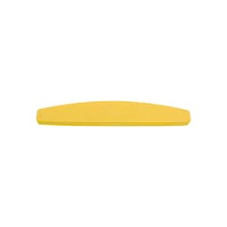 A yellow half-moon shaped sponge nail file with a smooth surface and a rounded edge, featuring a simple design.