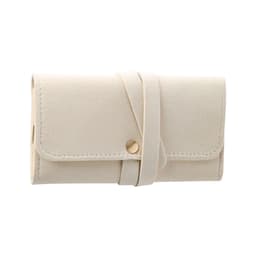 A synthetic leather jewellery bag in a soft cream colour, featuring a secure closure and a sleek design.