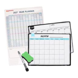 A magnetic calendar planner set featuring a monthly planner, notes board, eraser, and a whiteboard marker in various colours.