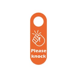 An orange PVC door hanger featuring a hand graphic and the text "Please knock." It includes a circular hole at the top.