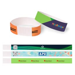 Full colour disposable Tyvek wristbands in orange, green, blue, and teal, featuring various designs and logos.