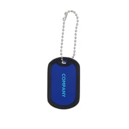 A blue dog tag with a rubber silencer and a metal ball chain for attachment. Features a logo.