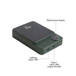 A green 10000mAh magnetic wireless power bank with a digital power display and multiple input/output ports.