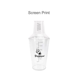 A drink bottle in clear plastic with a measuring cap and logo, featuring measurement markings on the side.