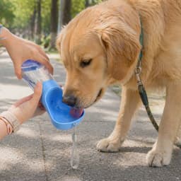 A drink bottle with a blue base and transparent container, designed for pets, featuring a food container.