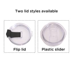 Two different styles of lids for a 10oz stainless steel tumbler, featuring a flip lid and a plastic slider lid.