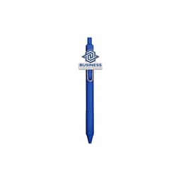 A blue custom pen with a clip and an attached logo. The pen has a smooth body and a click mechanism.