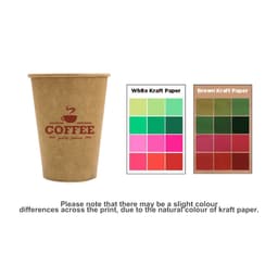 A kraft paper cup in brown, featuring a logo, alongside colour swatches for white and brown kraft paper options.