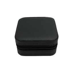 A square black PU leather jewellery box with a zipped closure. The surface features a textured pattern and a logo.