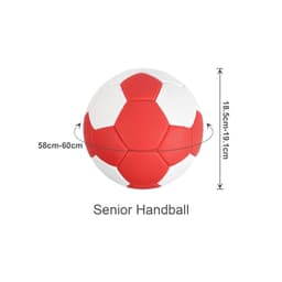 A hand-stitched handball featuring red and white panels, measuring 18.5 to 19.1 cm in height. It has a logo.