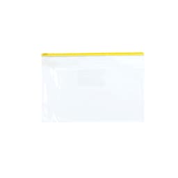 A transparent A4 file bag with a yellow zipper. It has an enclosed pocket and features a logo.