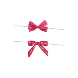 Two pink satin bows with white twist ties, featuring the words "Forward" and "Chocolate" in gold lettering.