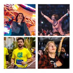 A collage featuring various individuals wearing colourful Tyvek wristbands at events, including a concert and a run.