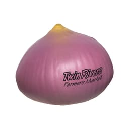A purple and yellow onion-shaped stress reliever with a branding logo on the side.