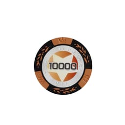 A clay poker chip in orange, black, and silver, featuring a large "10000" at the centre and a decorative pattern.