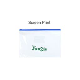 A transparent A4 file bag with a blue zipper and a green logo. Ideal for storing documents.
