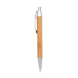 A bamboo click pen with a silver tip and clip, featuring a natural wood finish. It has a logo on the barrel.