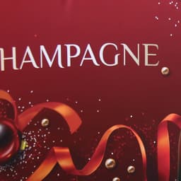 A close-up of a red background featuring festive decorations and the word "Champagne" in elegant lettering.