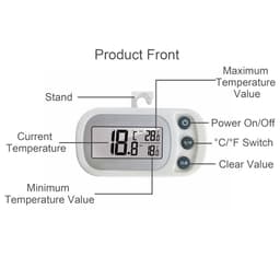 A white ambient thermometer displaying current and minimum/maximum temperature values, with buttons for settings and a stand.