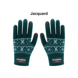 A pair of teal jacquard gloves with a snowflake pattern and grey fingertips, featuring a logo label.
