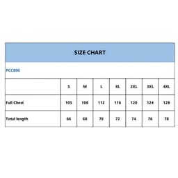 A size chart for a jacket featuring measurements for various sizes, including full chest and total length.