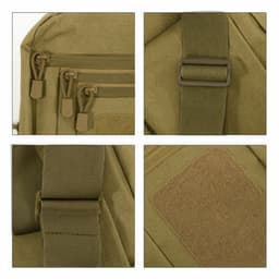 A tactical sling bag in olive green, featuring various zippers, buckles, and a patch area for customization.