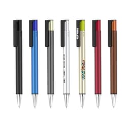 A collection of metal pens in various colours, including blue, green, silver, red, orange, and brown, with branding on some.