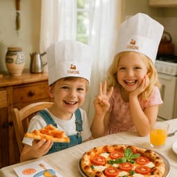 A kids chef hat in white, with a logo, worn by two children at a table with pizza and a drink.