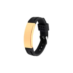 A black metal strap bracelet featuring a gold-toned rectangular plate. It has a logo on the clasp.