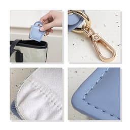 A small light blue PU leather jewellery box with a clip, showcasing its interior and stitching details.