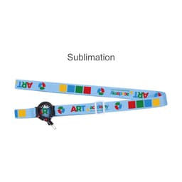 A drink bottle lanyard featuring a light blue design with coloured blocks and a logo attachment.