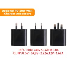 A black wall charger accessory with three different plug types and input/output specifications listed.