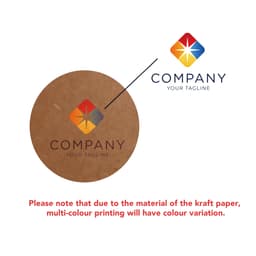 A set of kraft paper playing cards featuring a multi-colour design and a logo. The cards have a natural, textured appearance.