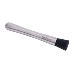 A stainless steel cocktail muddler with a black rubber end, featuring a logo. Ideal for home bar use.