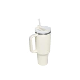 A drink bottle in white stainless steel with a lid, straw, and a handle. It includes a logo on the surface.