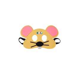 A yellow felt mask shaped like a mouse with pink ears and a black nose, featuring a logo.