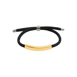 A woven bracelet featuring a black strap and a gold metal centrepiece, with silver accents on the ends.