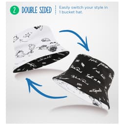 A double-sided bucket hat featuring black and white designs on either side, with a logo present.