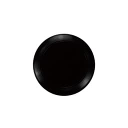 A black frisbee with a smooth surface and a slight rim, featuring a logo in the middle.