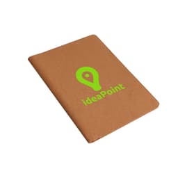 A4 cork folder in a natural brown hue, featuring a green logo on the front.