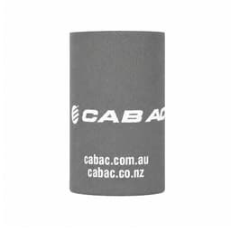 A grey stubby holder featuring a logo, ideal for keeping drinks insulated.