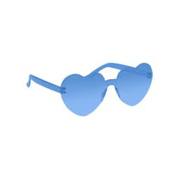 Heart-shaped sunglasses with blue lenses and blue transparent frames. Features a logo on the side.