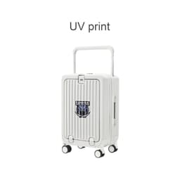 A white hardside suitcase with a logo and a retractable handle, featuring four wheels for easy maneuverability.