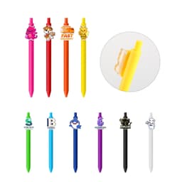A set of colourful custom acrylic pens in various hues with character attachments, including pink, orange, yellow, black, and white.