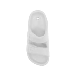 A white, sandal-shaped fridge magnet with buckle details and a hole for hanging.