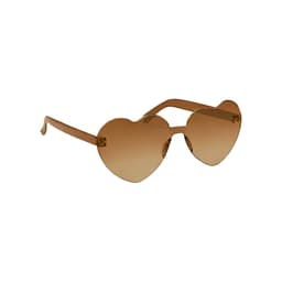 Heart-shaped sunglasses with brown tinted lenses and a brown frame, featuring a logo on the side.